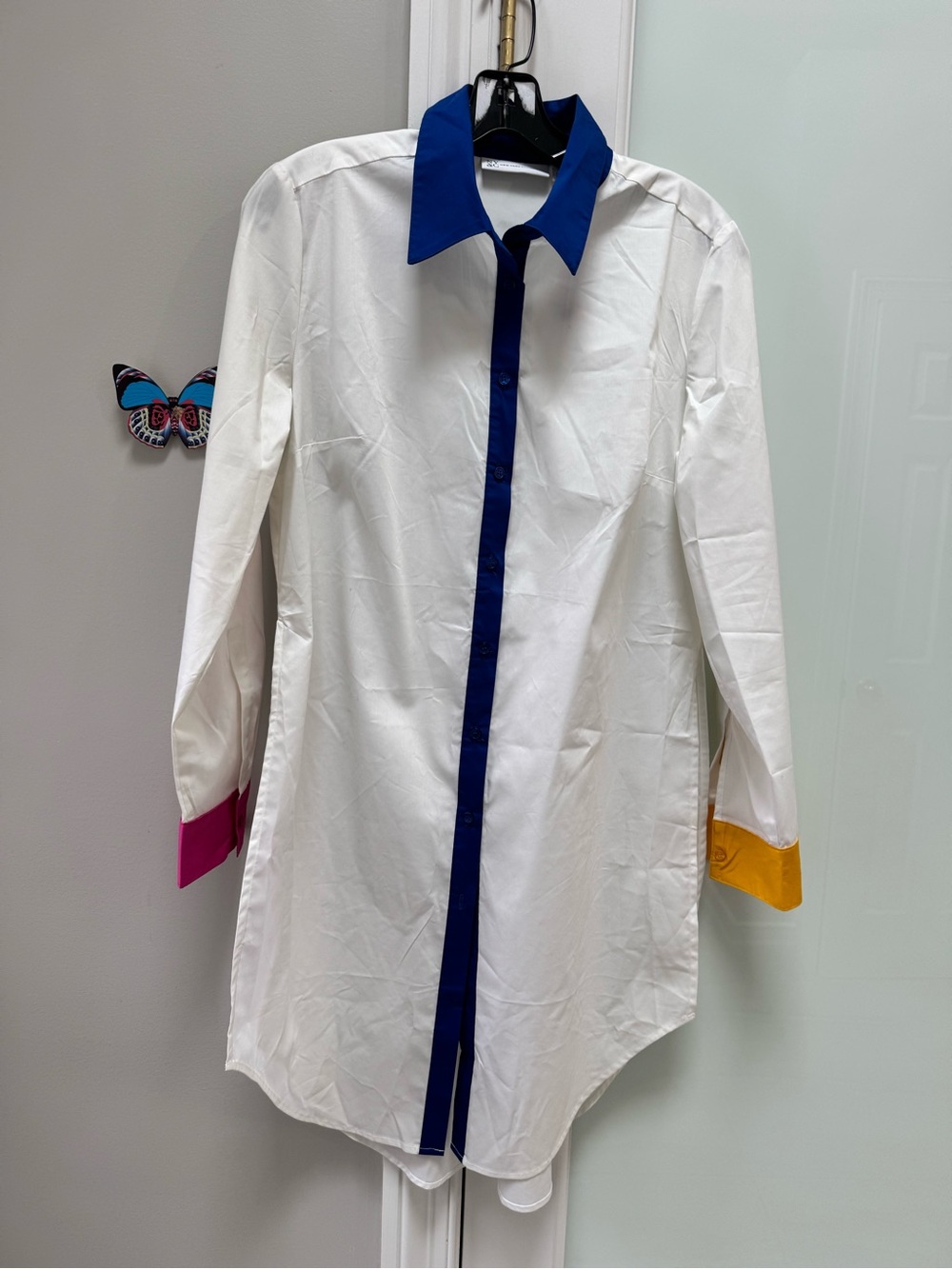 New York & Company White Longline Shirt with Blue Trim and Pink & Yellow Cuffs